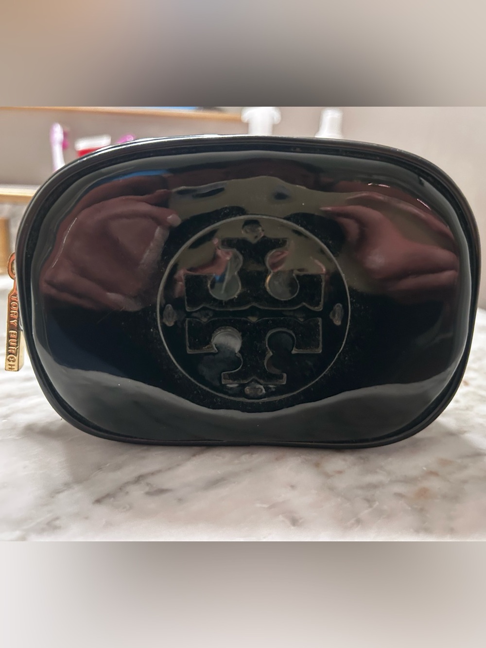 Tory Burch Black Patent Logo Cosmetic Pouch - Preowned Used Condition (see pics)